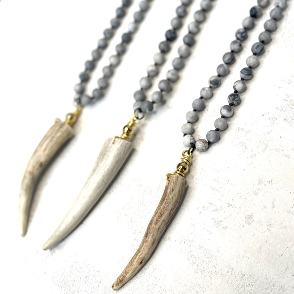 Deer Antler Gemstone Necklace. Gray Jasper - Picture 1 of 5